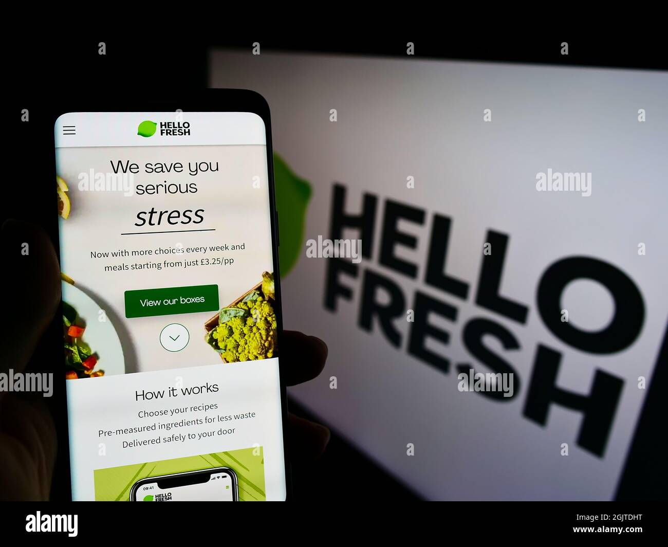 Person holding smartphone with website of German meal-kit company HelloFresh SE on screen in front of logo. Focus on center of phone display. Stock Photo