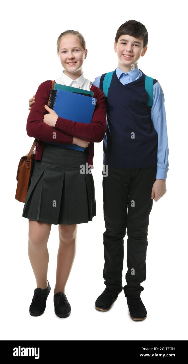 Cute Boy And Girl In School Uniform Standing On White Background Stock 