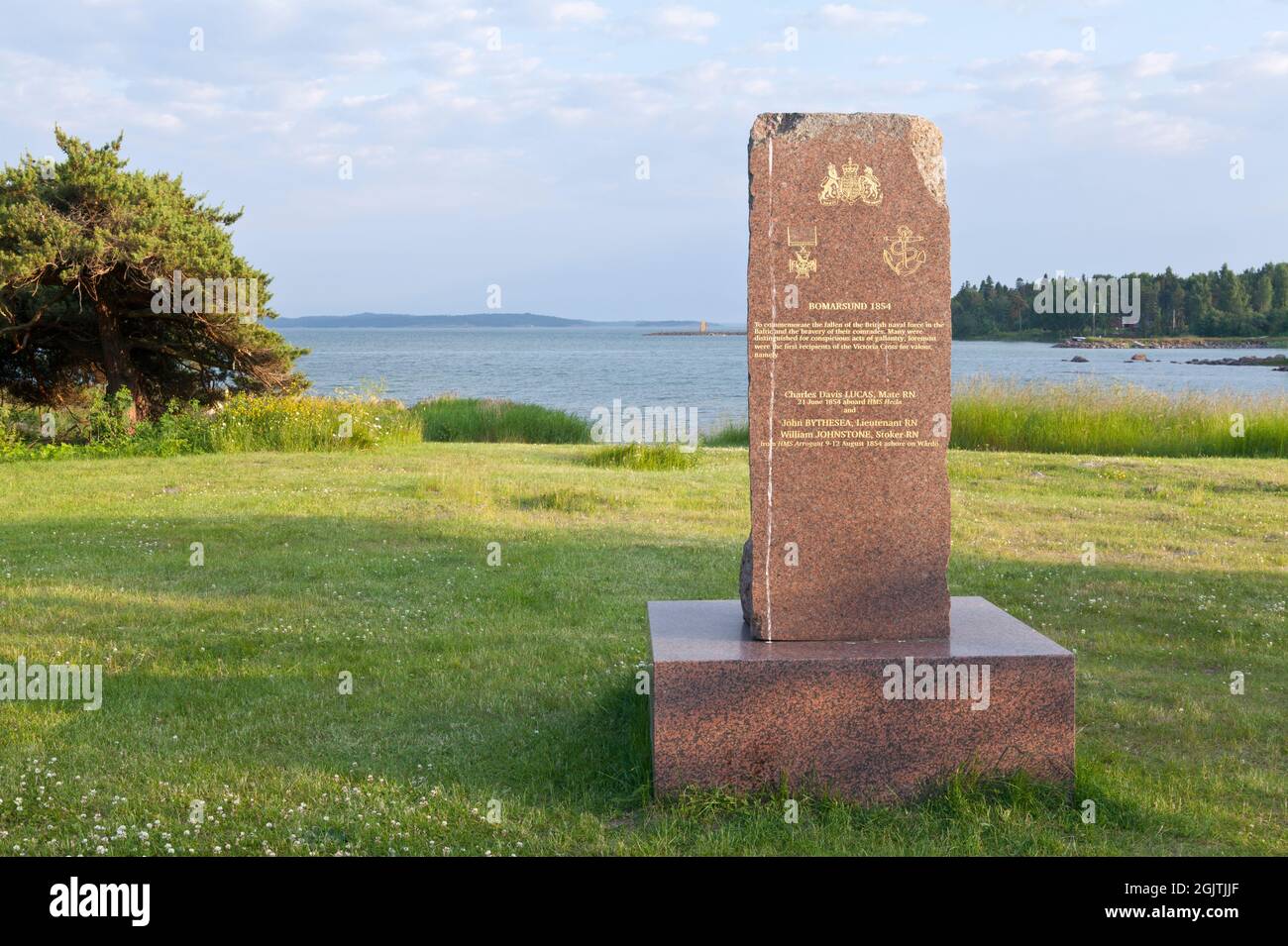 BOMARSUND, ALAND ON JUNE 26, 2013. View of a landmark, memorial of the fallen British force. Stone with inscription. Editorial. Stock Photo