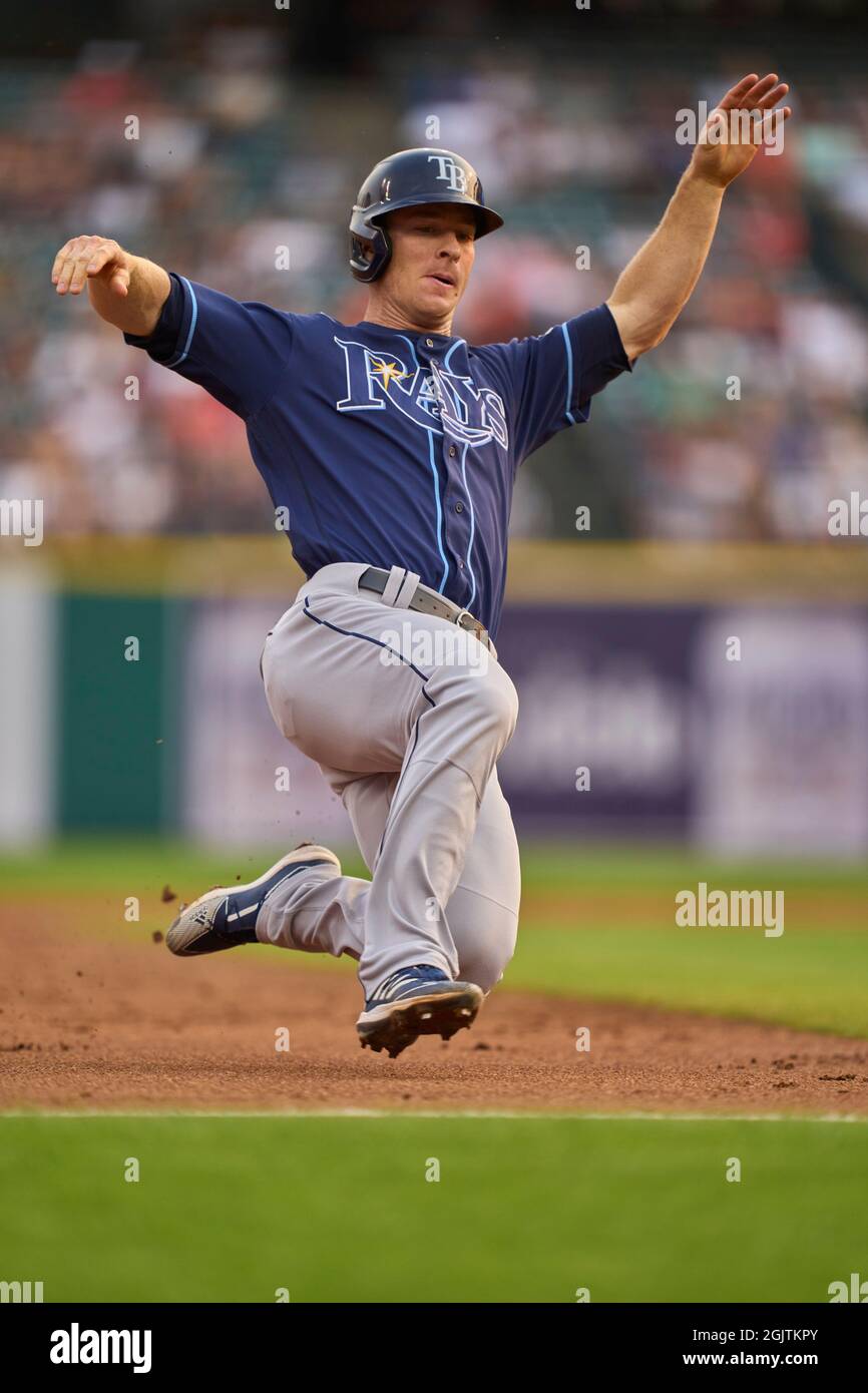 Detroit MI, USA. 11th Sep, 2021. Tampa third baseman Joey Wendle (18) runs the bases and slides into third during the game with Tampa Bay Rays and Detroit Tigers held at Comercia Park in Detroit Mi. David Seelig/Cal Sport Medi. Credit: csm/Alamy Live News Stock Photo