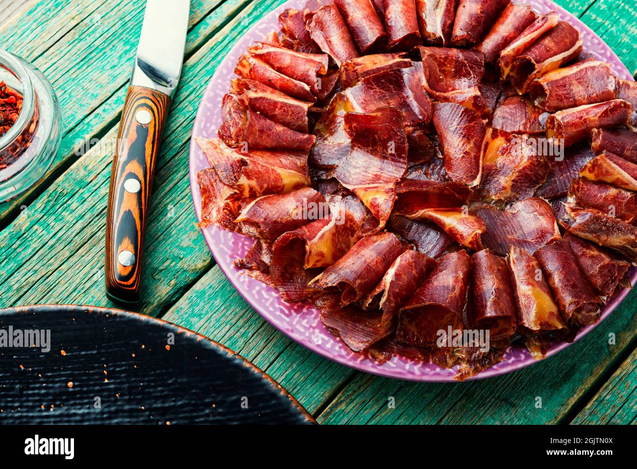 Sliced basturma or beef jerky.Horse meat jerky.Armenian cuisine Stock