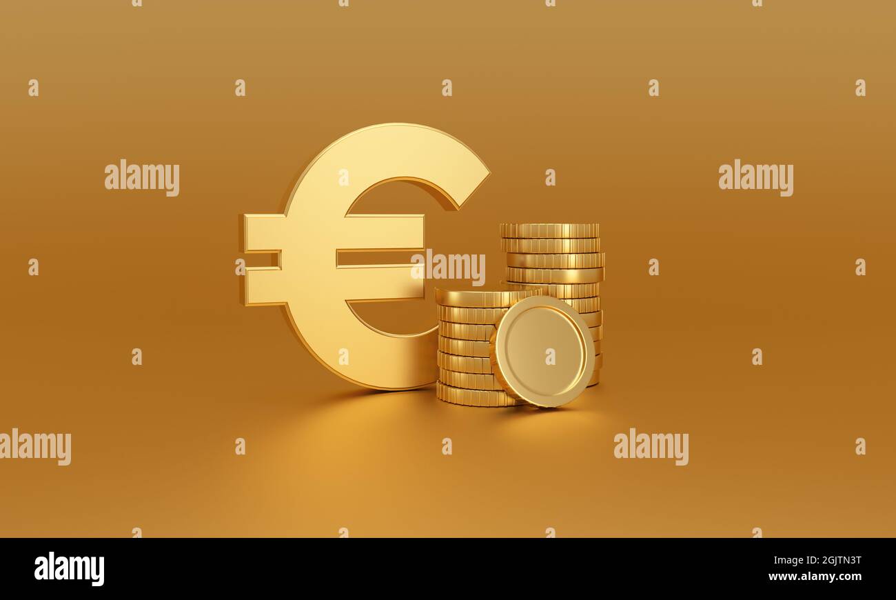 Euro money symbol next to Stack of gold coins on a golden background ...