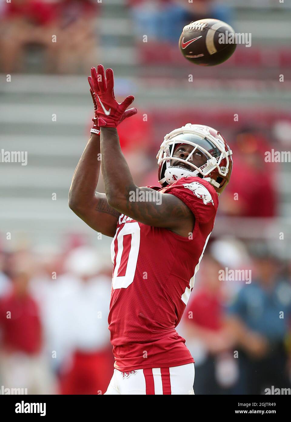 September 11, 2021 DeÕVion Warren 10 Razorback receiver goes up for the ball. Arkansas