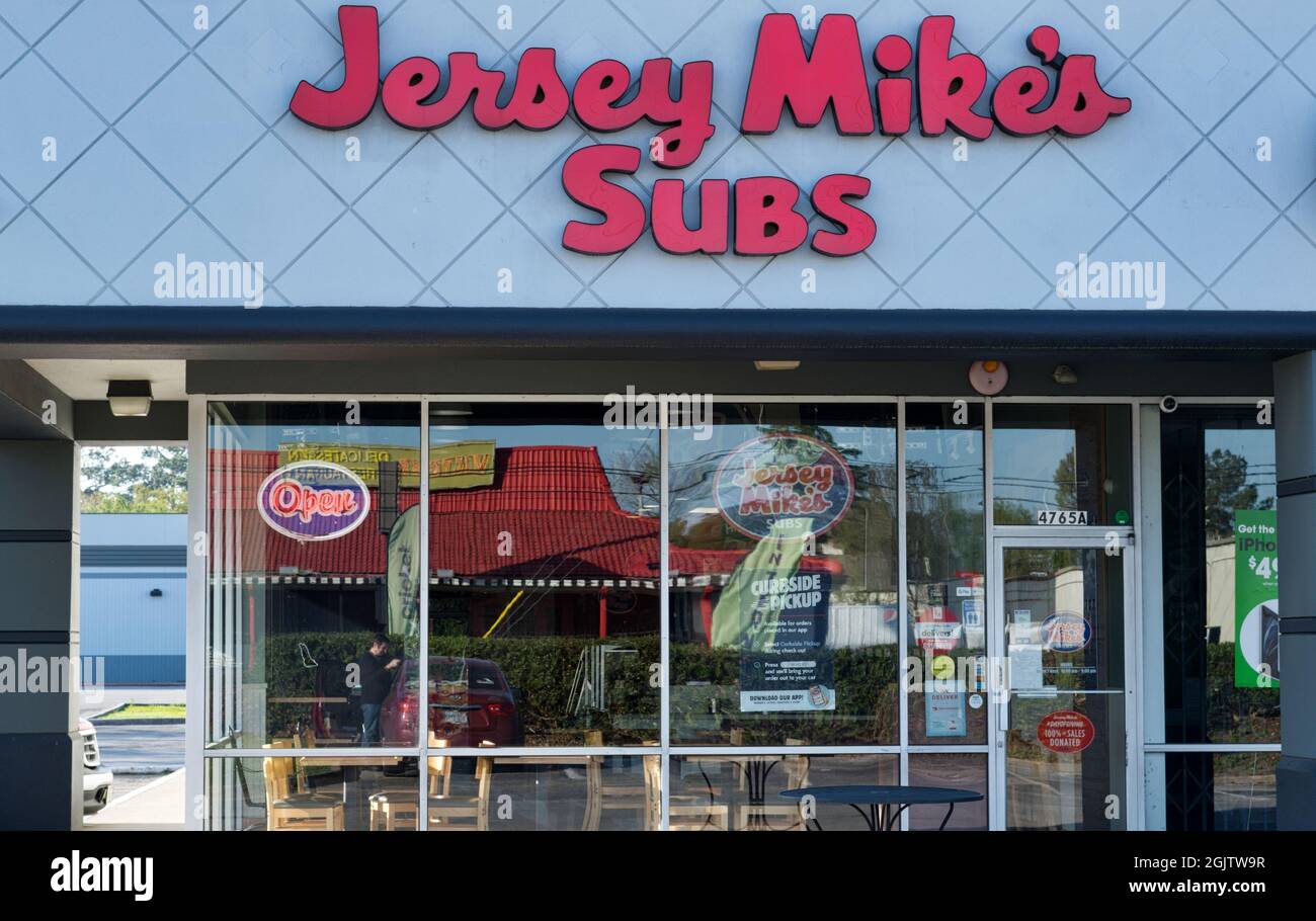 Houston, Texas USA 03-26-2021: Jersey Mike's Subs exterior in Houston, TX. American submarine sandwich chain store founded in 1956. Stock Photo