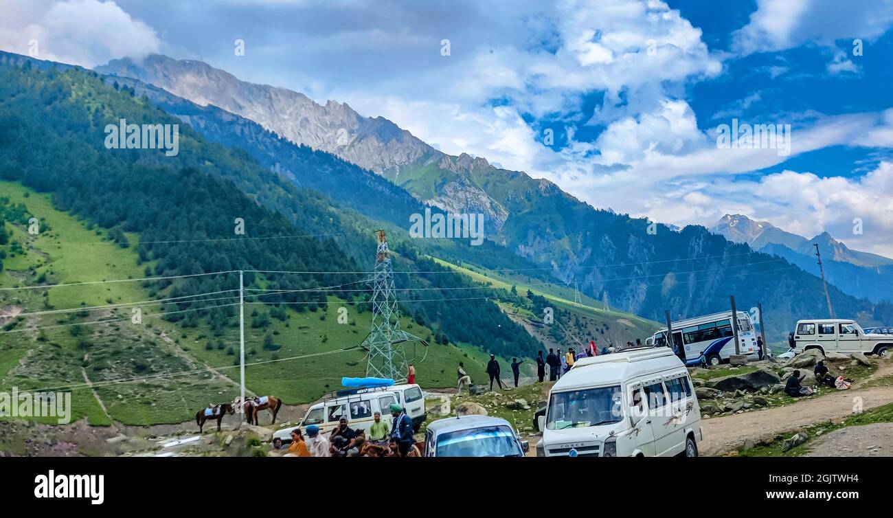 Beautiful mountain & cloudy sky view of Jammu and Kashmir state, India on July 2021 Stock Photo