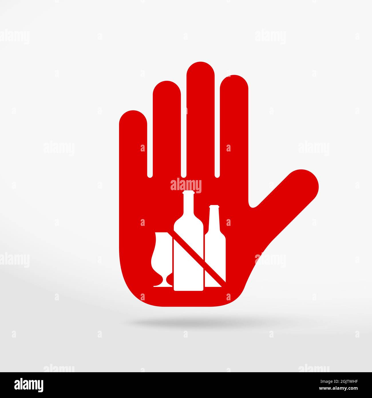 No alcohol prohibition sign. Stop hand icon. No symbol, halt gesture, prohibited symbol isolated on white. illustration. Stock Photo