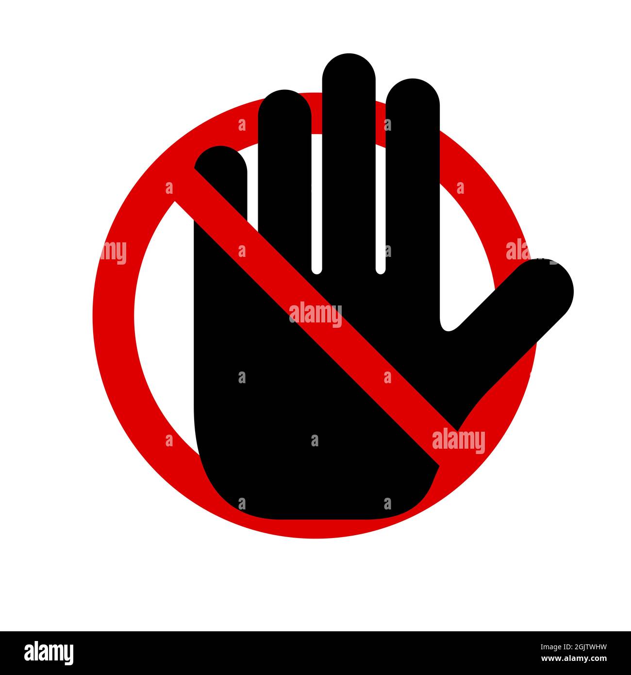 Black hand in a red circle backslash symbol. Stop sign push icon. No symbol, halt gesture, do not sign, nay, prohibited symbol, dont do it symbol isol Stock Photo
