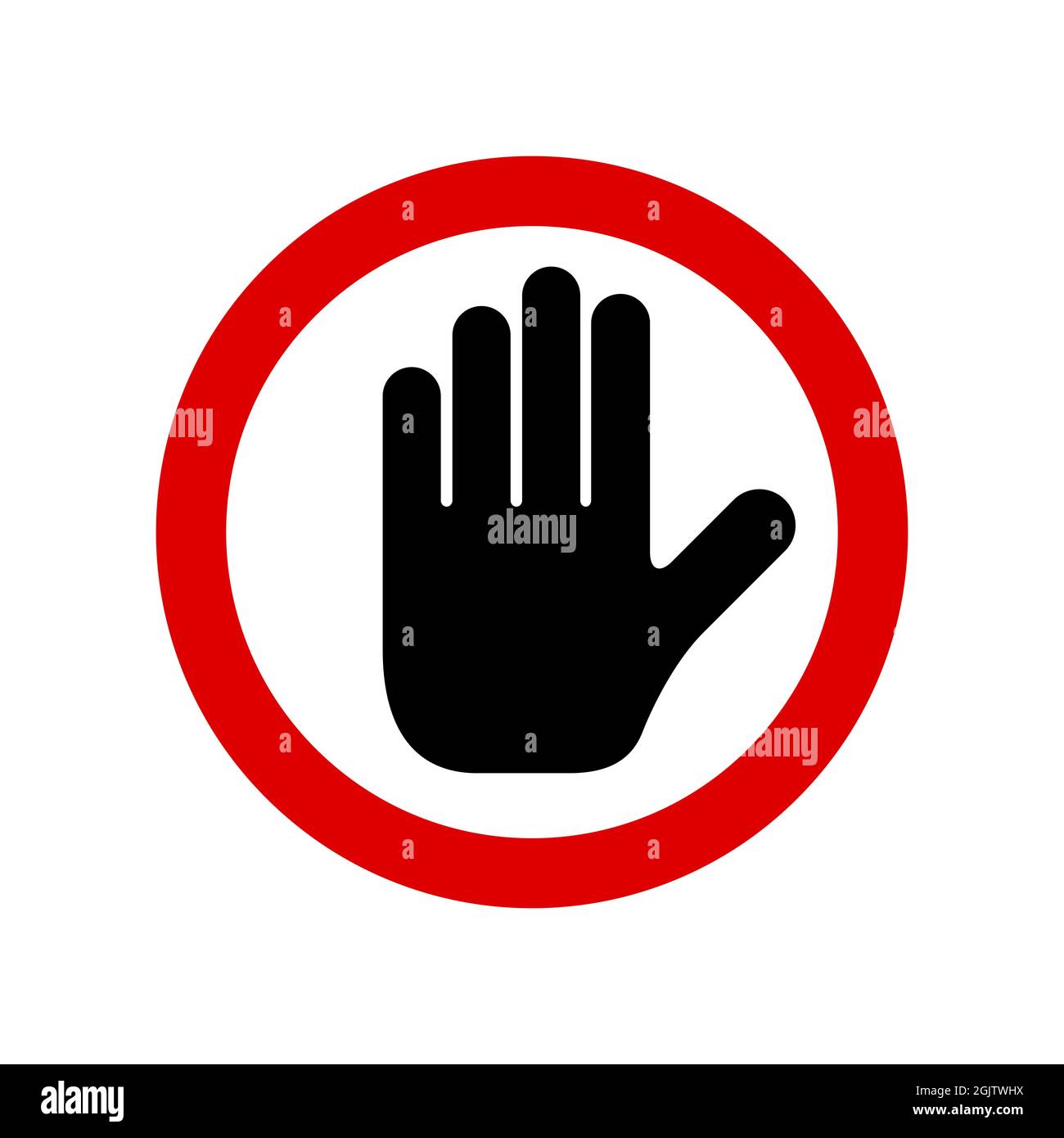 Black hand prohibition sign. Stop sign push icon. Black hand in a red circle. No symbol, halt gesture, do not sign, nay, prohibited symbol, dont do it Stock Photo