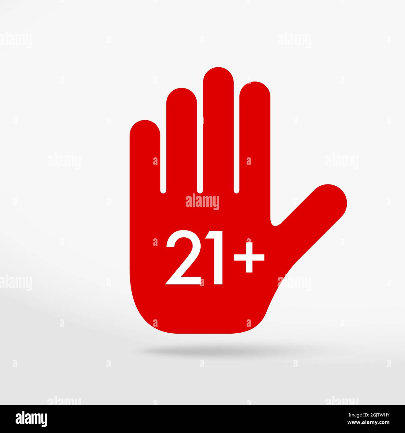 21 restriction prohibition sign. Stop hand icon. Age limit symbol, halt gesture, prohibited symbol isolated on white. illustration. Stock Photo