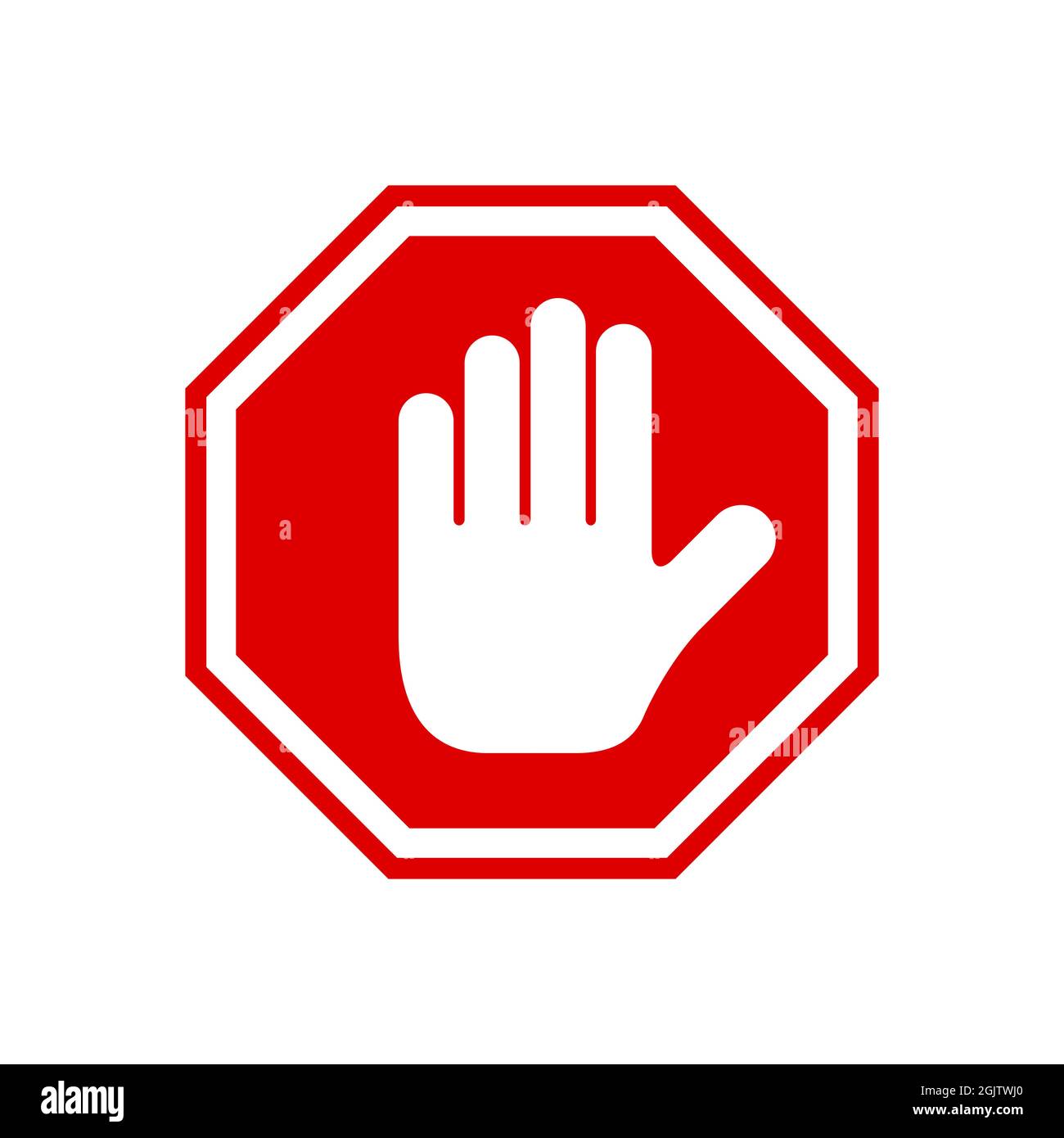 Red stop roadsign with simple hand symbol icon. No symbol isolated on white. Stop hand icon. illustration. Stock Photo
