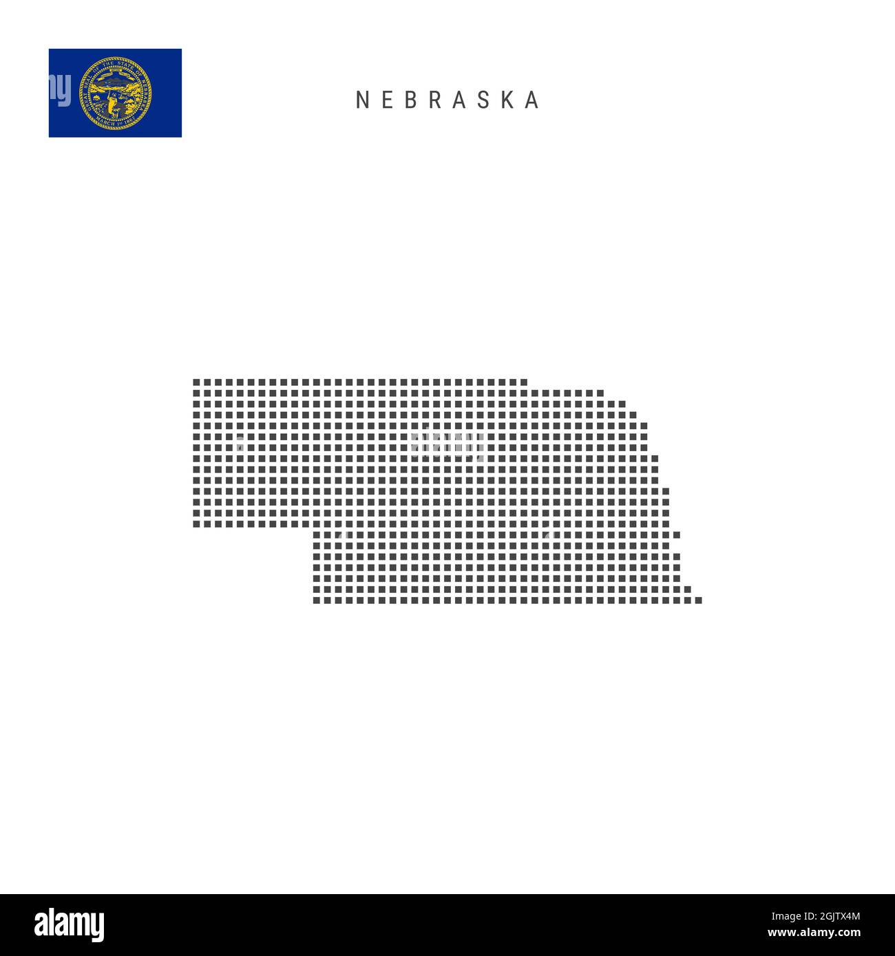 Square dots pattern map of Nebraska. Dotted pixel map with flag
