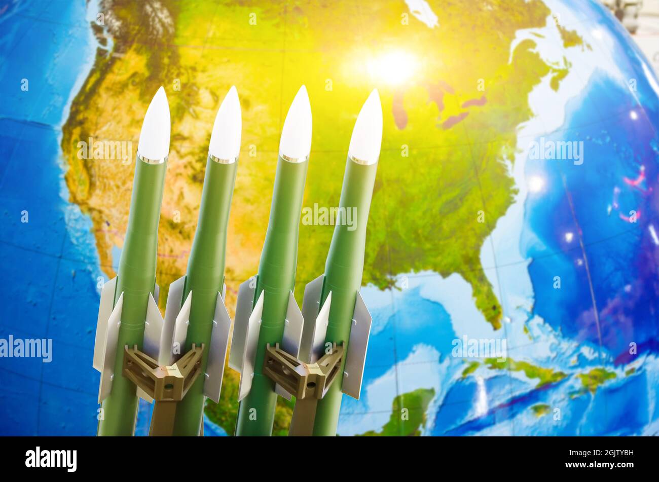 Race of weapons, nuclear weapons, the threat of war in the world. Rockets in the background of North America Stock Photo