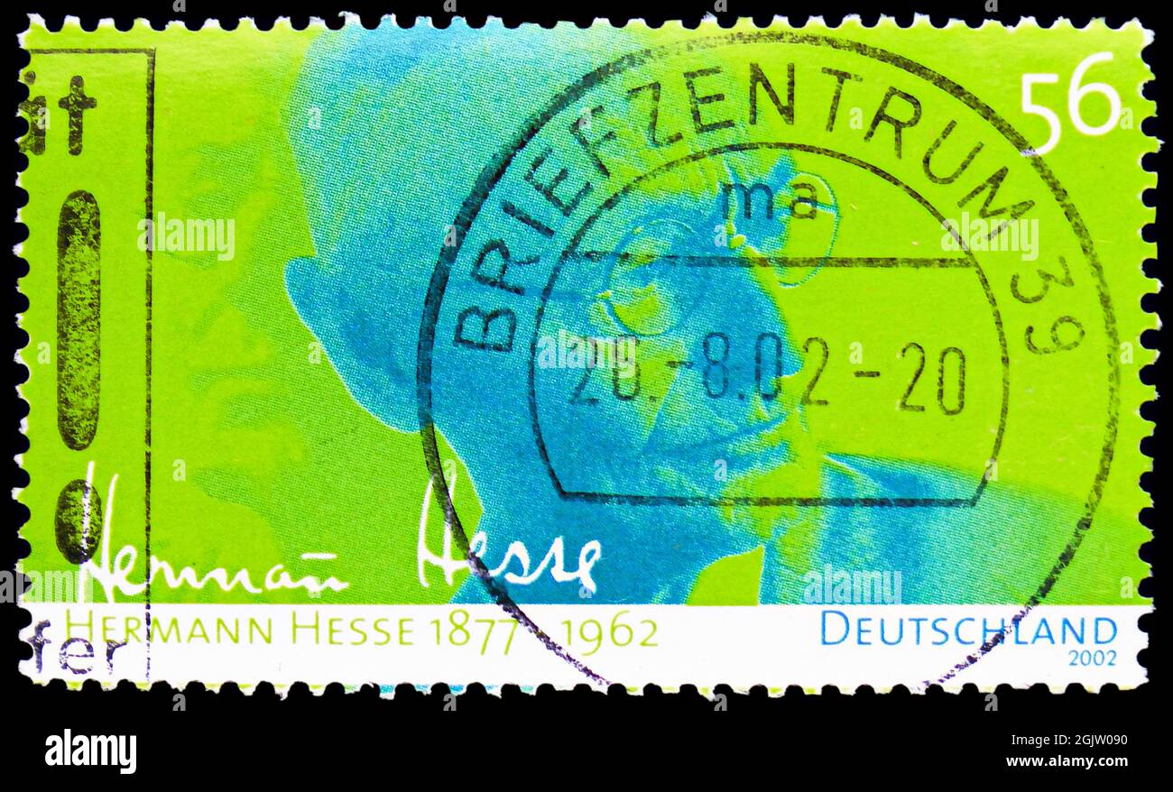 MOSCOW, RUSSIA - JUNE 20, 2021: Postage stamp printed in Germany devoted to 125th Birth Anniversary of Hermann Hesse, circa 2002 Stock Photo