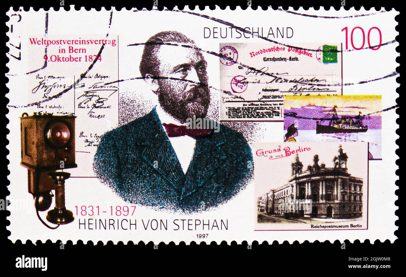 MOSCOW, RUSSIA - JUNE 20, 2021: Postage stamp printed in Germany shows Heinrich von Stephan (1831-1897), Telephone and Postcards, circa 1997 Stock Photo