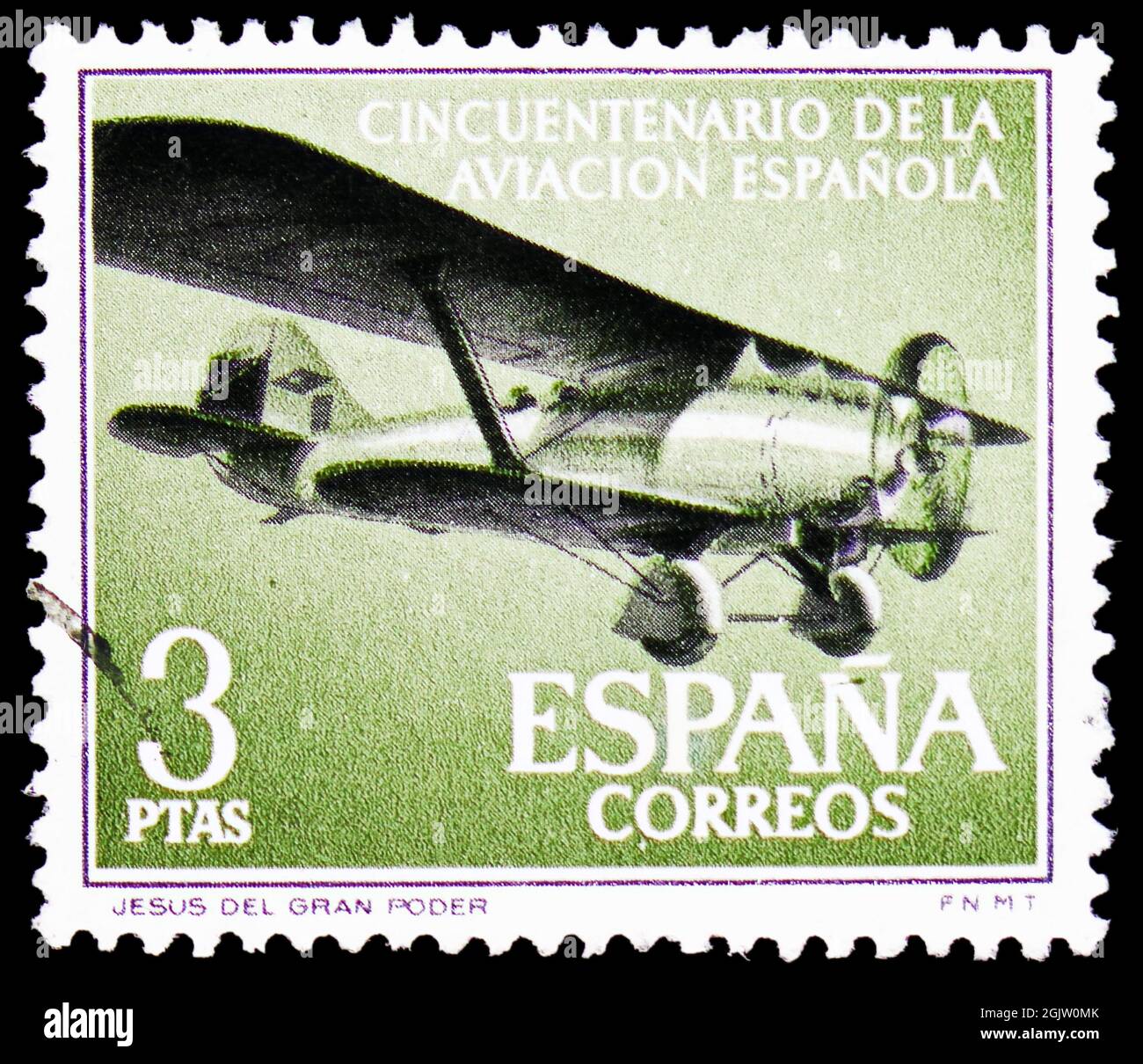 MOSCOW, RUSSIA - JUNE 20, 2021: Postage stamp printed in Spain shows Breguet XIX 'Jesus del Gran Poder' (1928), devoted to 50th Anniversary of Spanish Stock Photo