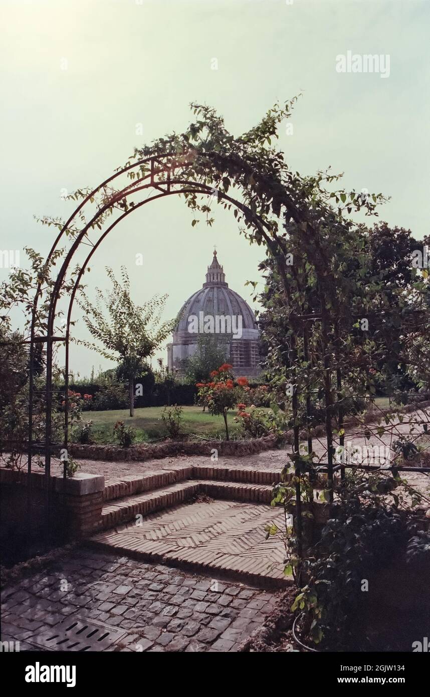 View of the dome of Saint Peter's Basilica in Rome seen from a garden, shot with analogue film technique Stock Photo