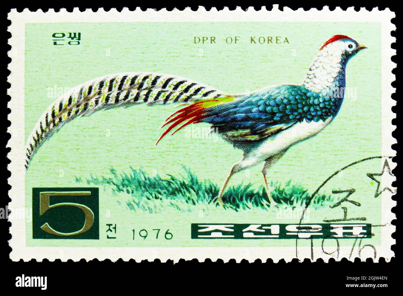 MOSCOW, RUSSIA - JUNE 20, 2021: Postage stamp printed in Korea shows Lady Amhersts Pheasant (Chrysolophus amherstiae), Pheasants serie, circa 1976 Stock Photo