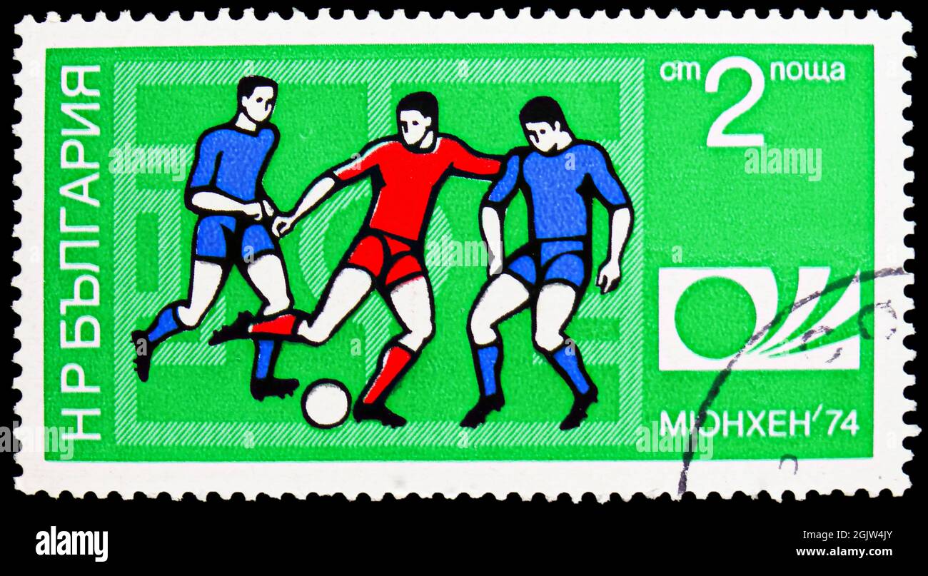 Moscow Russia June 21 Postage Stamp Printed In Bulgaria Shows Football Game Scene Field Emblem Fifa World Cup 1974 Germany Serie Circa Stock Photo Alamy