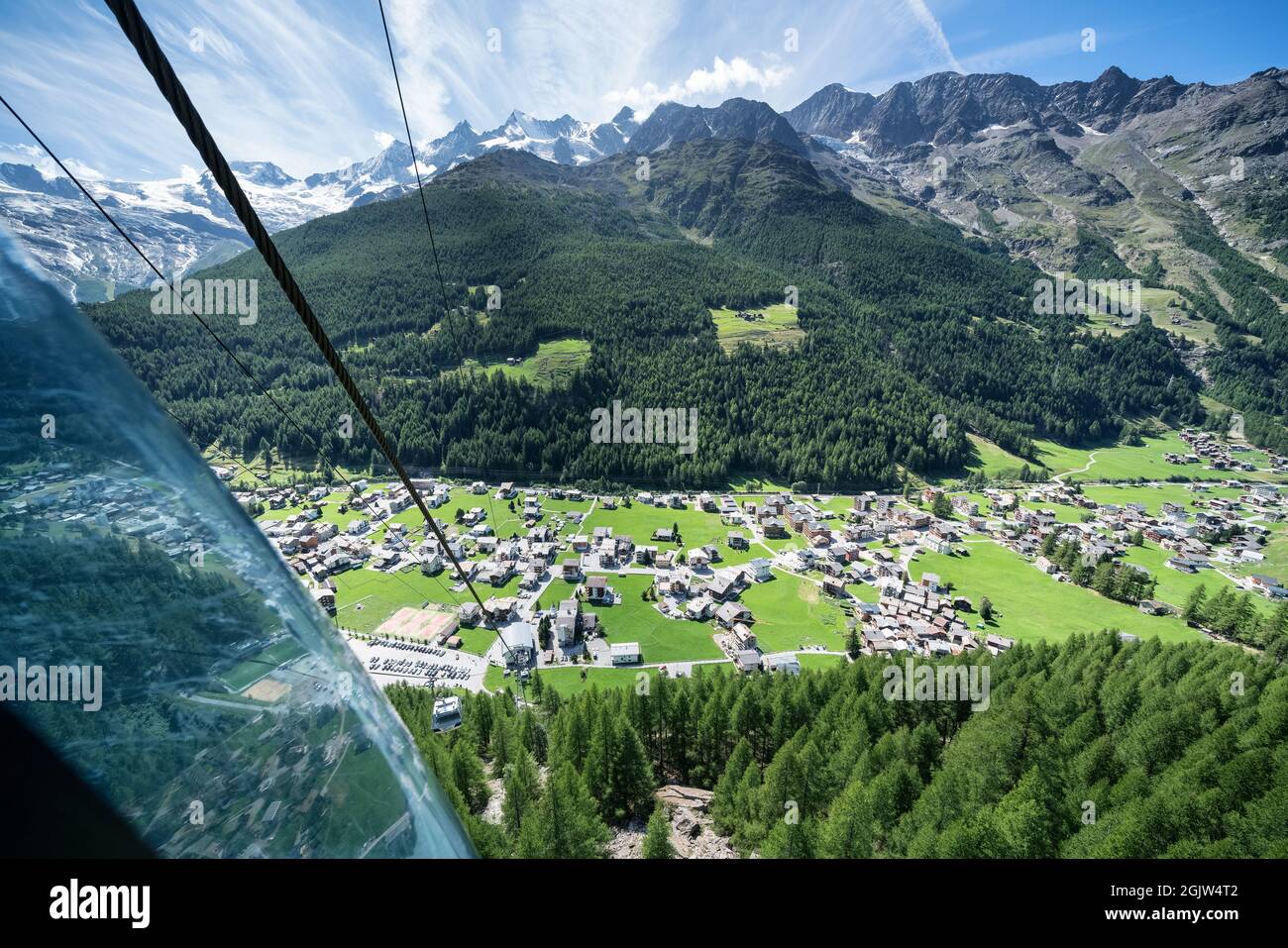 Looking down at Saas-Grund village, Switzerland Stock Photo