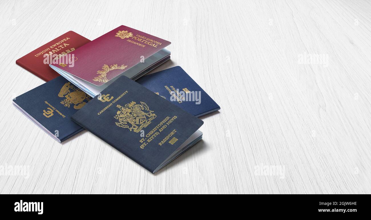 Top View, International Passports, citizenship  by Investment, Nationality, Malta, Citizens of Kitts and Nevis, Portugal, Dominica, Saint Lucia Stock Photo