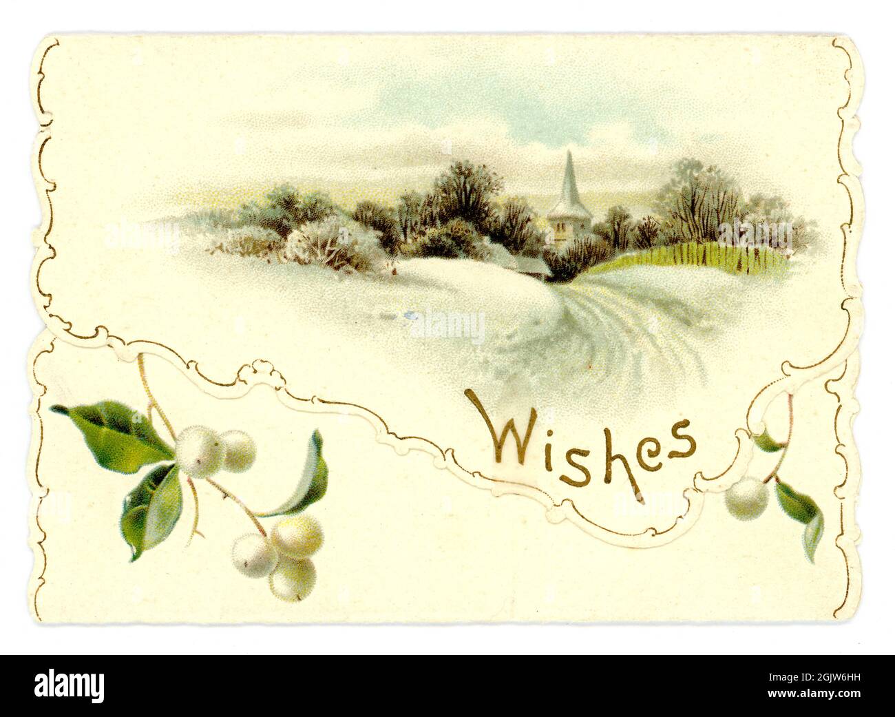 Victorian or Edwardian Christmas wishes card, traditional snowy church scene, mistletoe, envelope style,  circa 1900 U.K. Stock Photo
