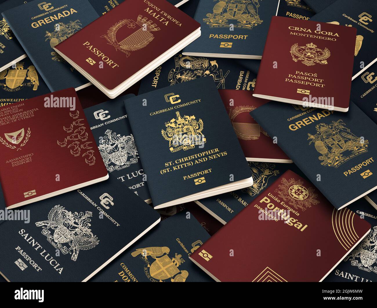 The passport of the Caribbean countries on background , Immigration or travel concept, Saint Kitts and Nevis, Dominica, Grenada, Antigua and Barbuda, Stock Photo