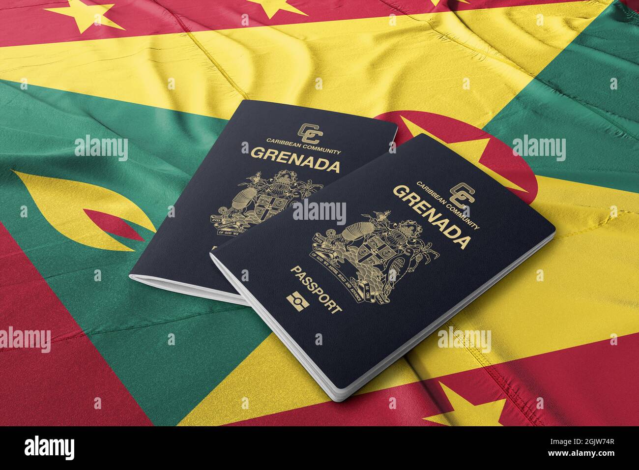 Grenada Passport with Grenada Flag, Citizenship by Investment, Caribbean Country Stock Photo