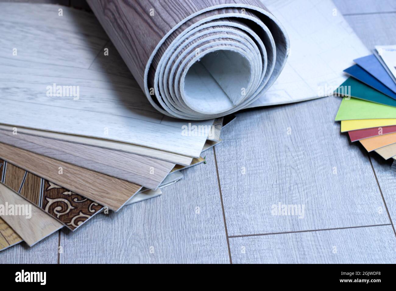 A piece of linoleum for samples. Sliced wood grain linoleum Stock Photo