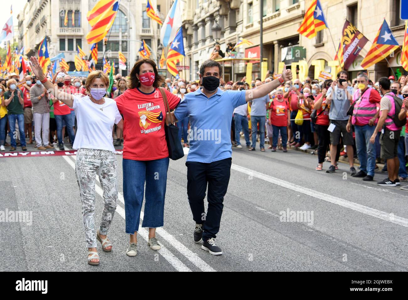 Barcelona, Spain. 11th Sep, 2021. The President of the Catalan National Assembly (ANC) Elisenda Paluzie (Center) with the two former presidents of the ANC Carme Forcadell (R) and Jordi Sánchez (L) seen during the demonstration of the National Day of Catalonia.400.000 people according to the Catalan National Assembly (ANC) and 108,000 according to the Local Police demonstrate in Barcelona on the National Day of Catalonia to demand Independence. Credit: SOPA Images Limited/Alamy Live News Stock Photo