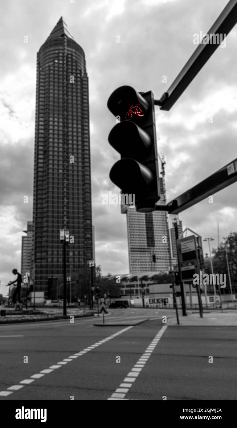 frankfurt fair tower and red traffic light for cyclists, hesse, germany Stock Photo