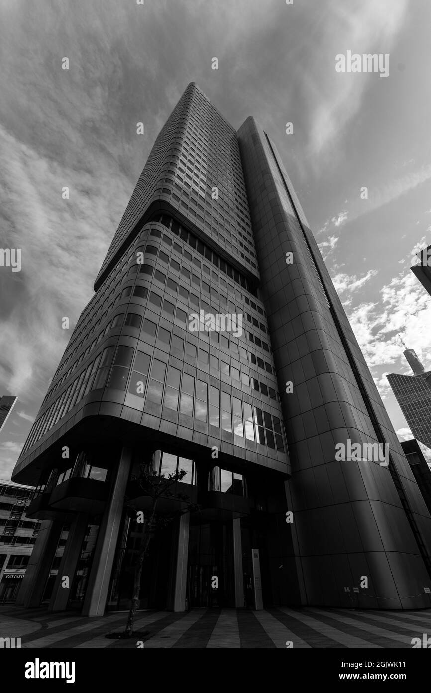 FRANKFURT AM MAIN, GERMANY - June 4, 2021: Silberturm (Silver Tower) skyscraper with main tenant Deutsche Bahn, a German railway transport company. Stock Photo