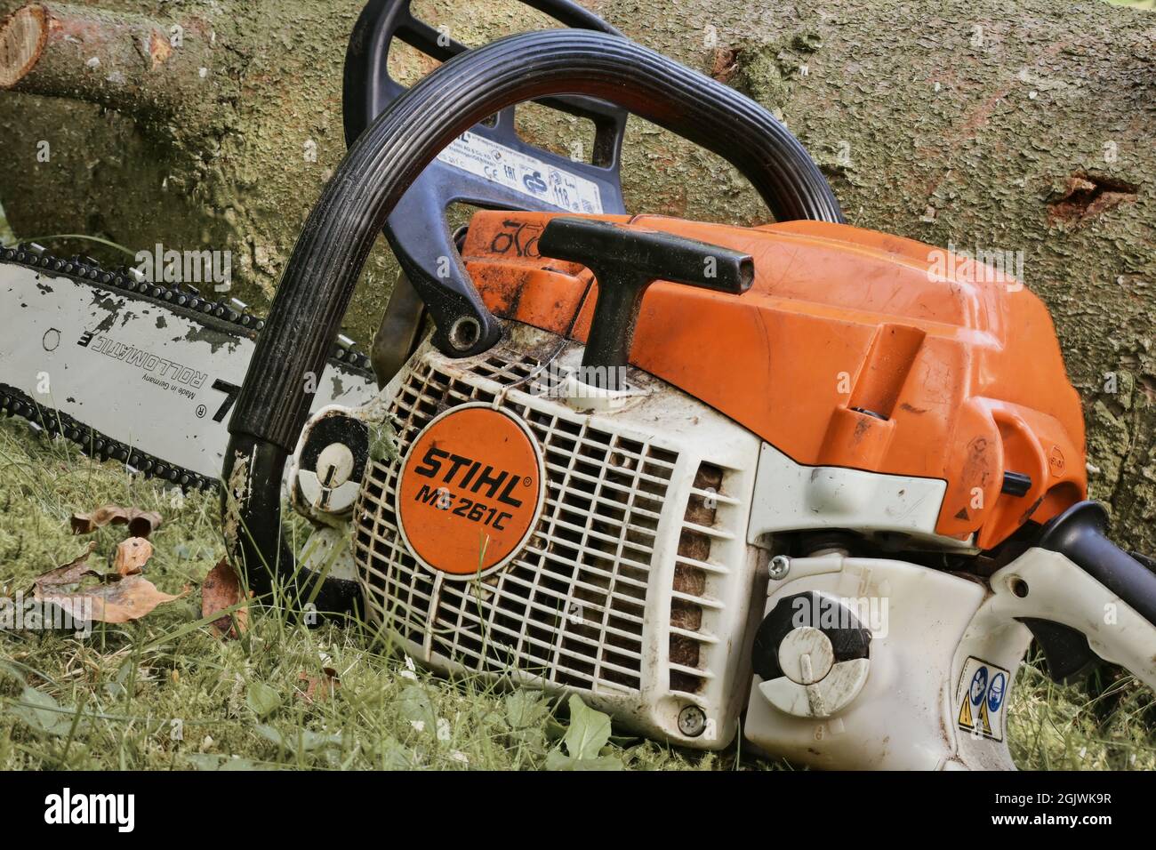 BONN, GERMANY - SEPTEMBER 07, 2021: Stihl gasoline-powered chainsaw. Forestry equipment, tree felling. Stock Photo