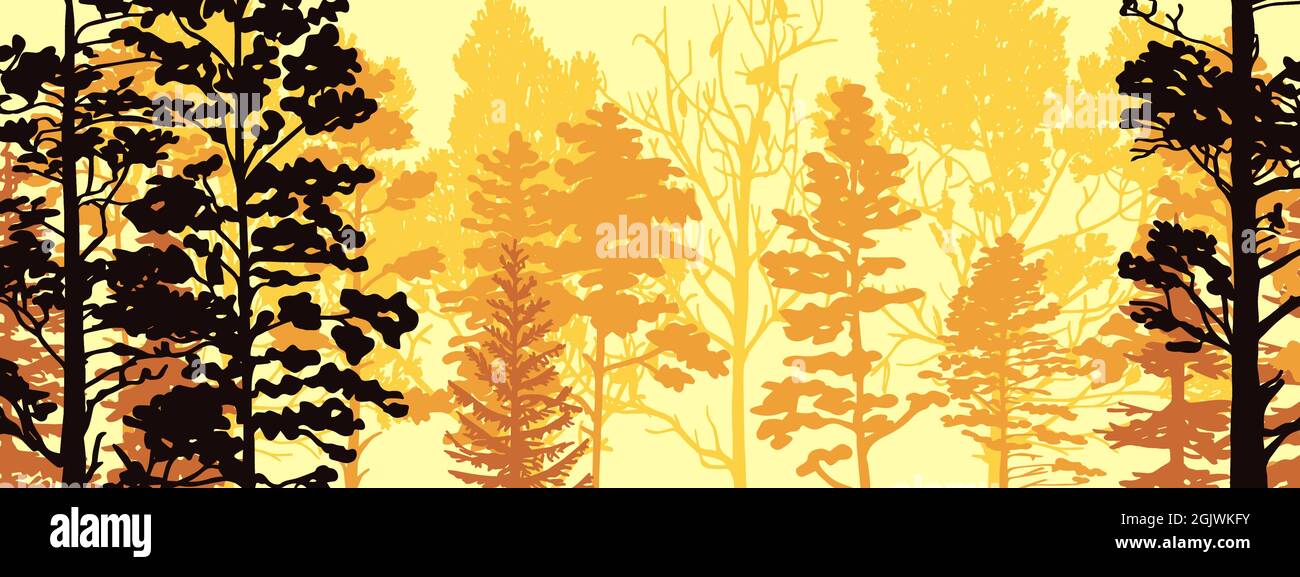 Horizontal banner of forest background, silhouettes of trees. Magical misty landscape, fog. Yellow and orange illustration. Bookmark. Stock Vector