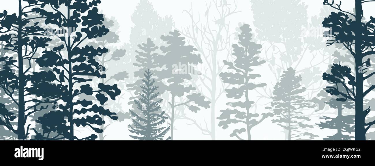 Horizontal banner of forest background, silhouettes of trees. Magical misty landscape, fog. Blue and gray illustration. Bookmark. Stock Vector