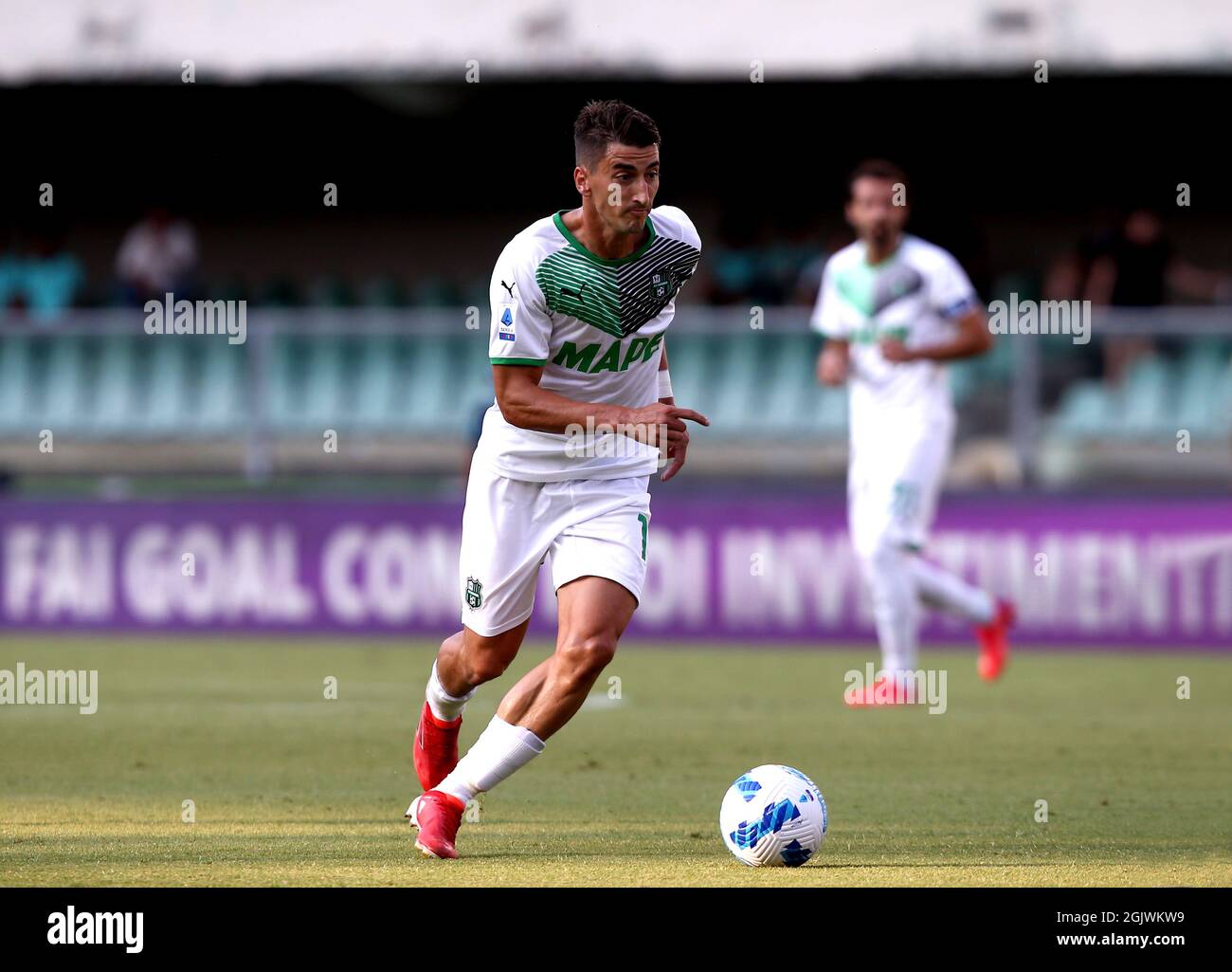 VERONA, ITALY - AUGUST 21: Filip Djuricic of US Sassuolo in action ,during the Serie A match between Hellas Verona FC v US Sassuolo at Stadio Marcantonio Bentegodi on August 21, 2021 in Verona, Italy. (Photo by MB Media) Stock Photo