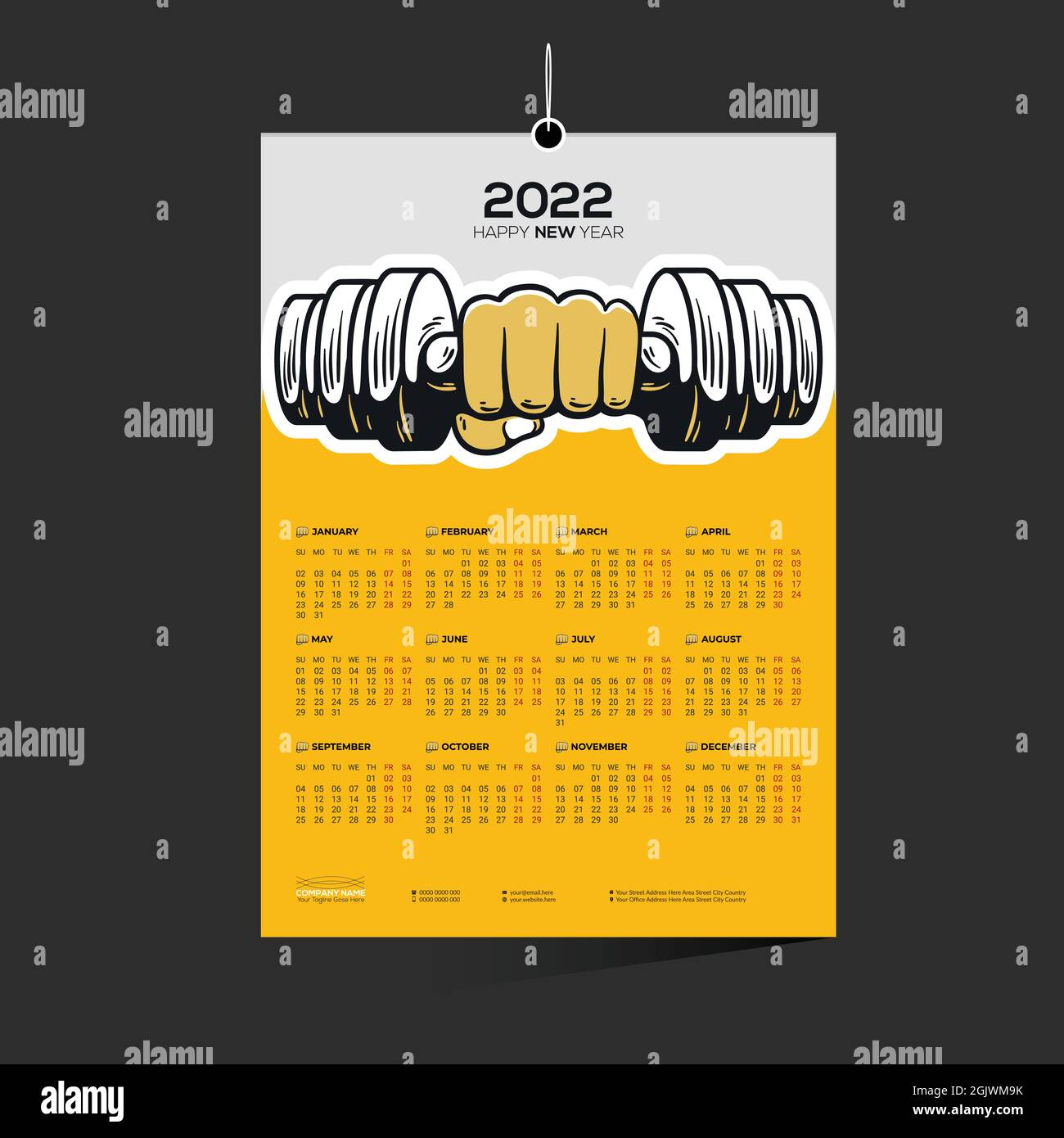 yellow colored gym company 12 month 2022 vector wall calendar design Stock Vector