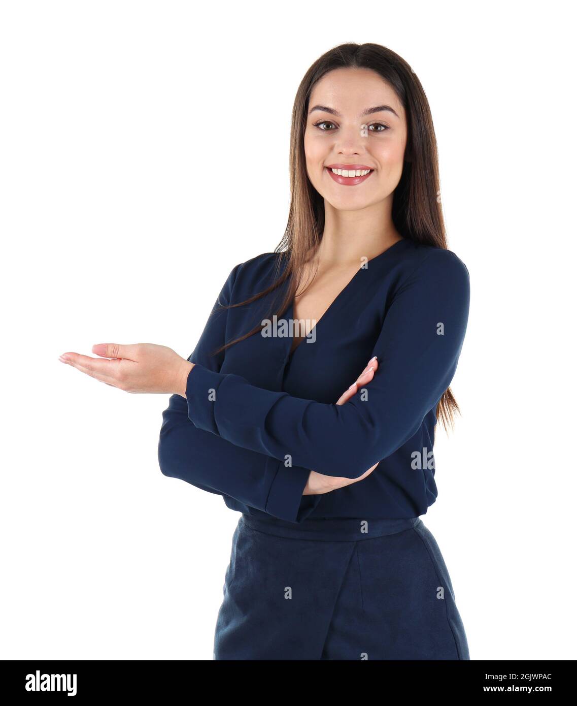 Beautiful young business woman standing on white background Stock Photo ...