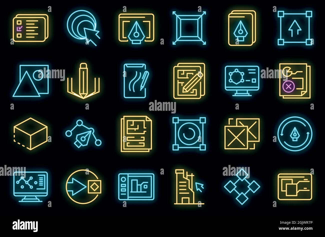 Redesign icons set. Outline set of redesign vector icons neon color on black Stock Vector