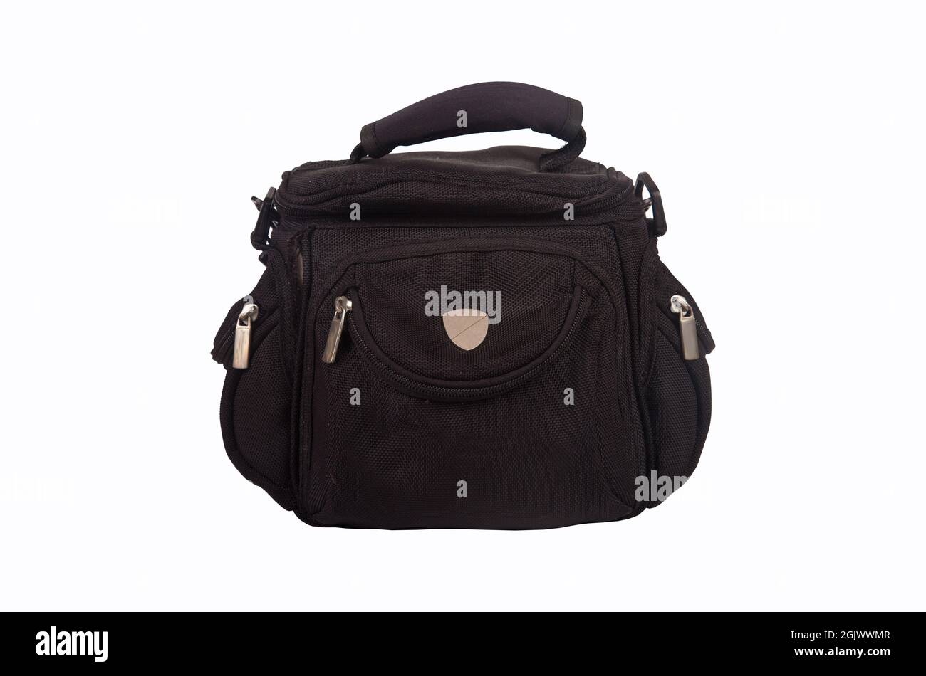 Black bag designed for digital camera, isolated on white background Stock Photo