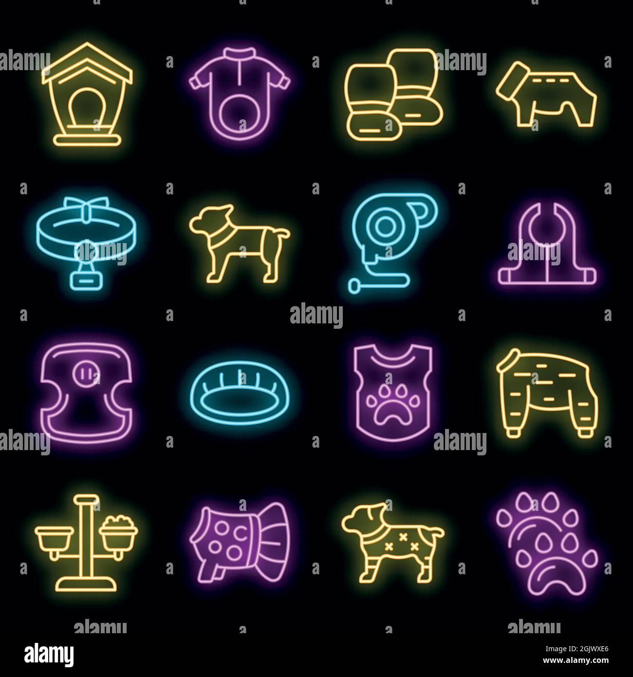 Dog clothes icons set. Outline set of dog clothes vector icons neon