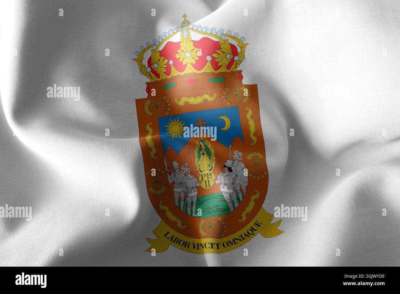3D illustration flag of Zacatecas is a region of Mexico. Waving on the wind flag textile background Stock Photo