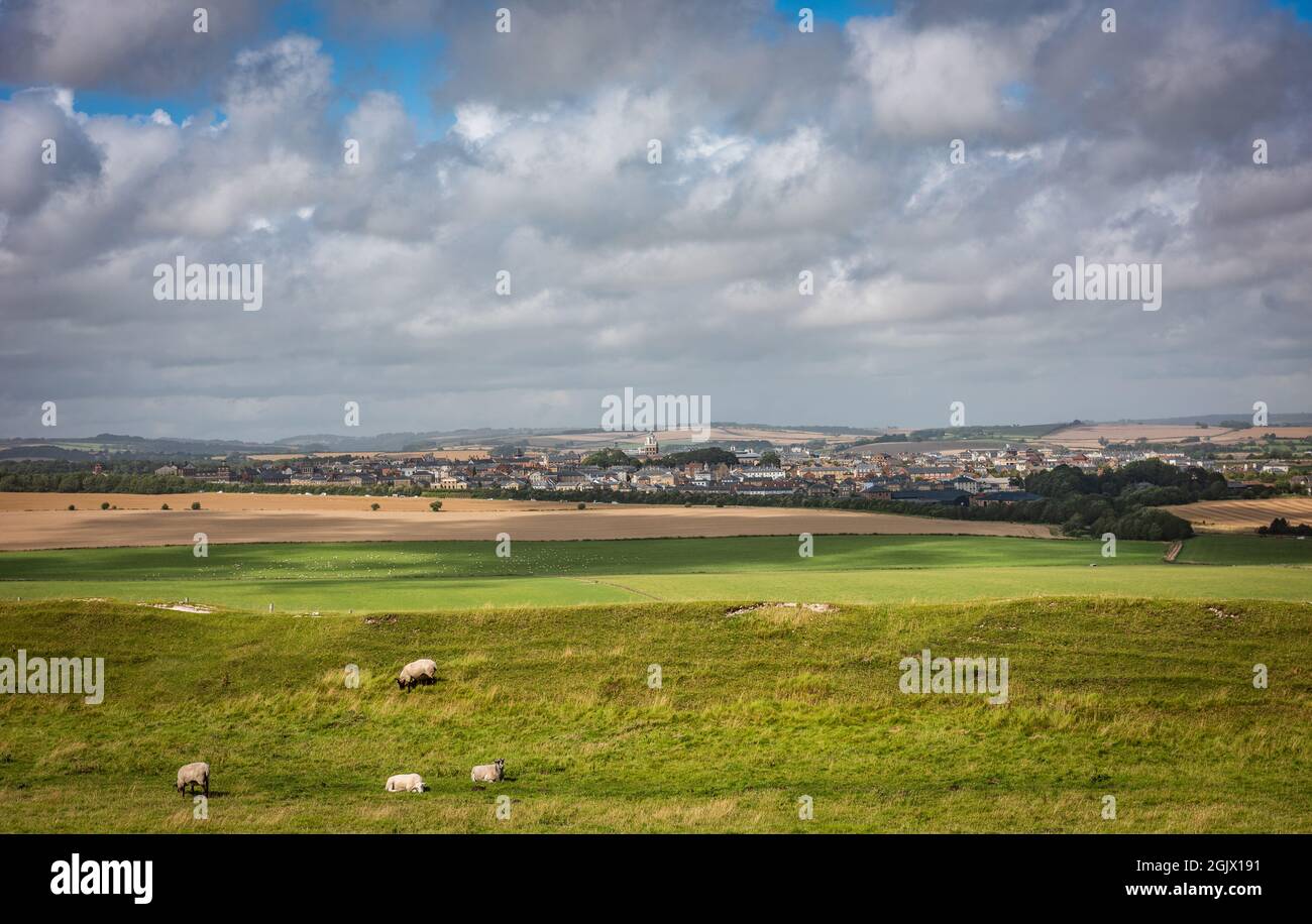 The view of Poundbury and Dorchester from Maiden Castle hill fort, Dorset, UK Stock Photo