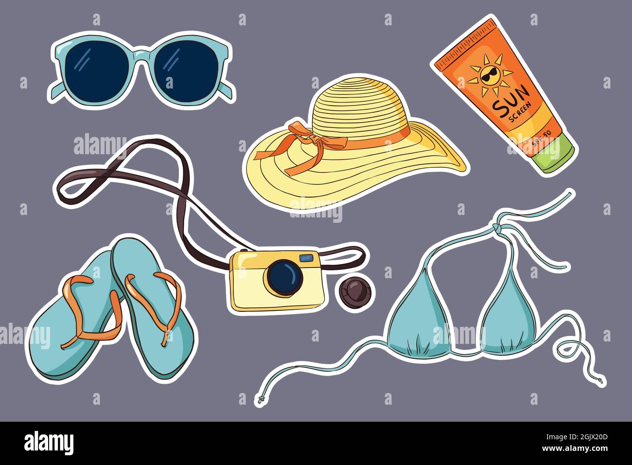 Hand Drawn Vacation Sticker Set. Sunglasses bikini, Flip Flops, photo  camera, sunscreen tube, woman hat. Summer holiday collection for logo,  stickers, prints, label design. Premium Vector Stock Vector Image & Art -