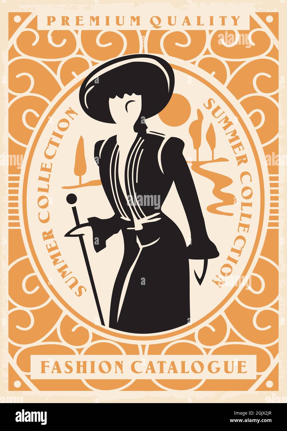 Vintage fashion catalogue cover with elegant lady from 1900s. Early century clothing boutique poster graphic. Woman figure with fashionable hat. Stock Vector