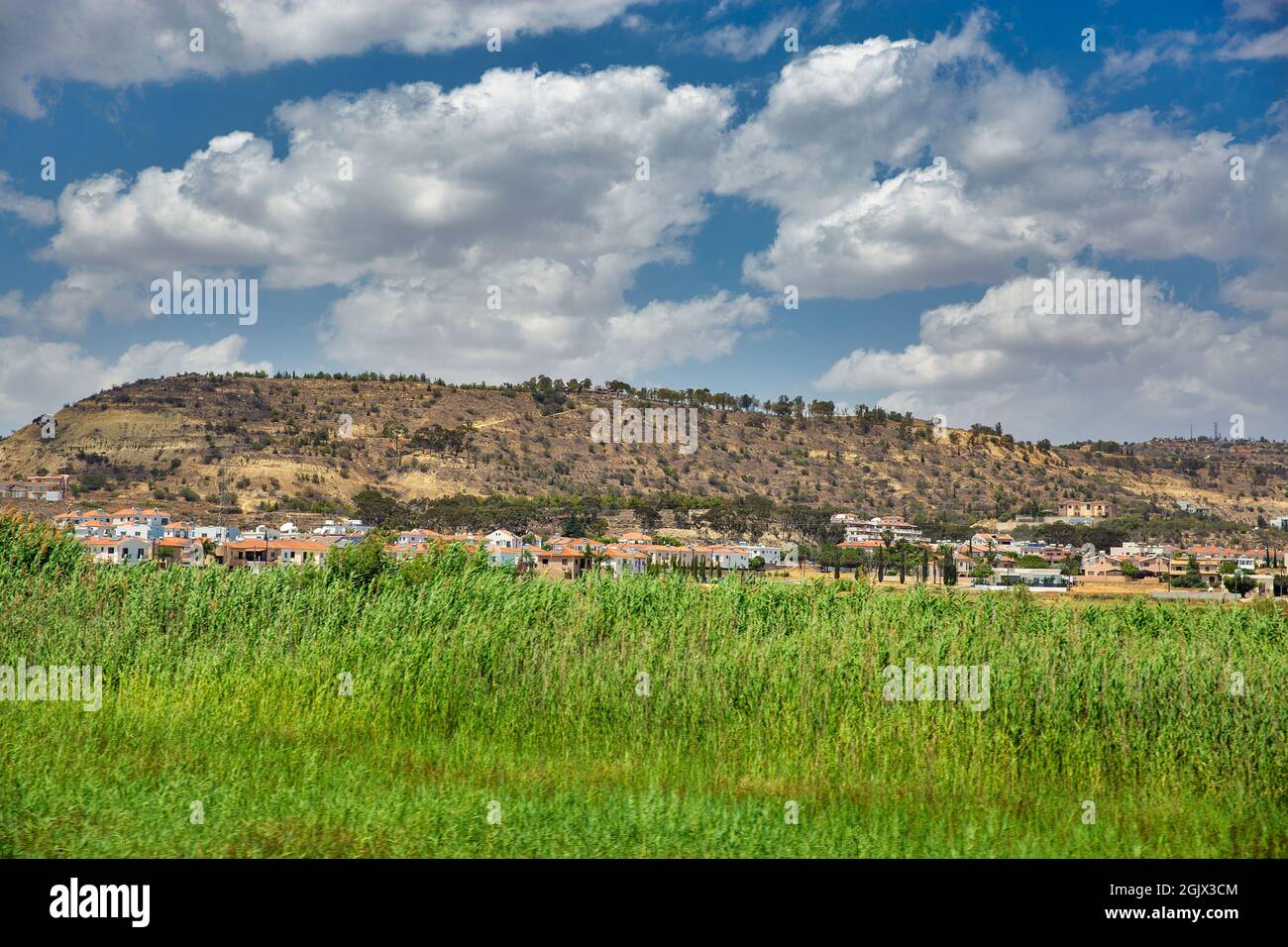 Typical Cypriot summer landscape wit village and hills close to Larnaca, Cyprus. Stock Photo