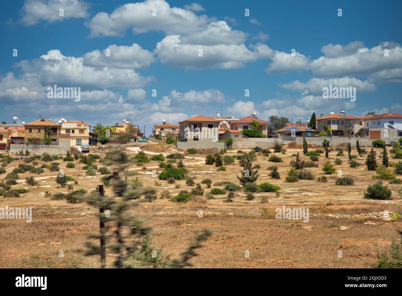 Typical Cypriot summer landscape wit village close to Larnaca, Cyprus. Stock Photo