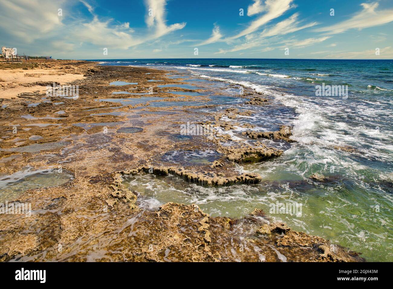 Ayia Napa summer resort rocky beach seafront, Cyprus. Stock Photo