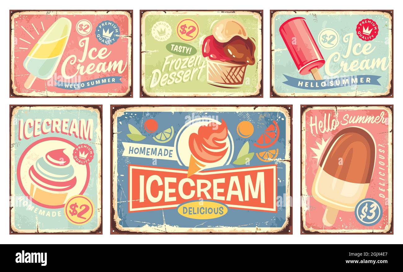 Ice cream and summer desserts vintage tin signs collection. Retro signs set with ice creams and frozen desserts. Sweet food, dairy and fruits products Stock Vector