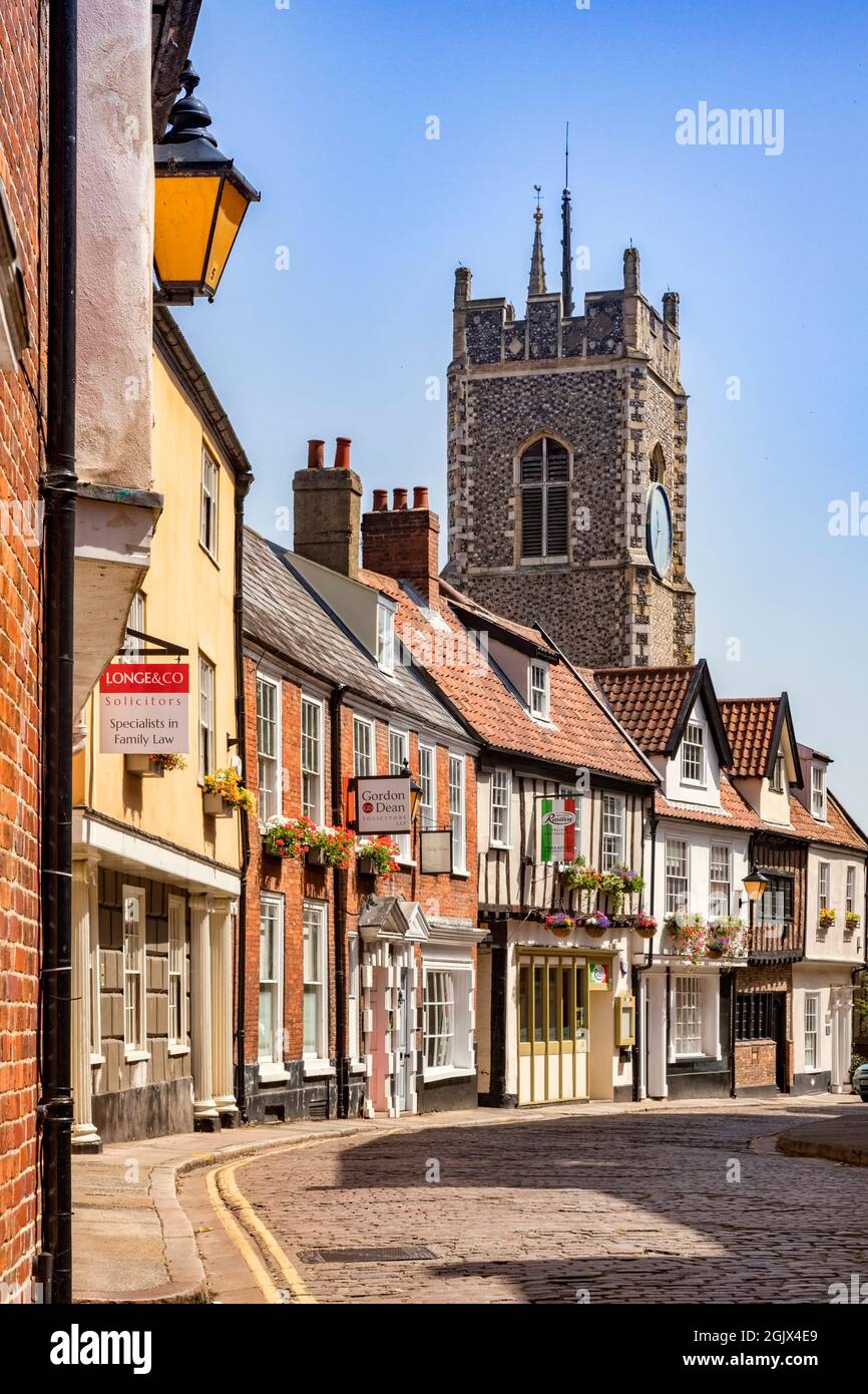 29 June 2019: Norwich, Norfolk - Princes Street is a historic cobbled street in the centre of Norwich, Norfolk, with many old and interesting building Stock Photo