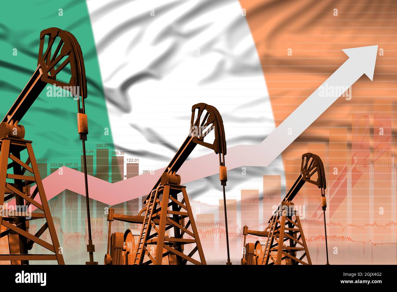 Ireland oil industry concept, industrial illustration rising up chart